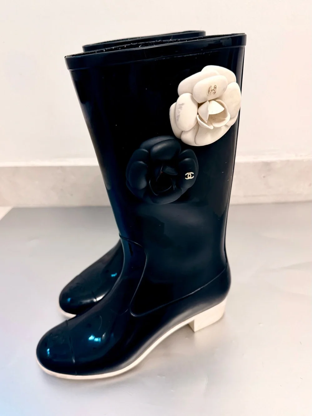 CHANEL Black Rain Boots with Black and White Camellia Details